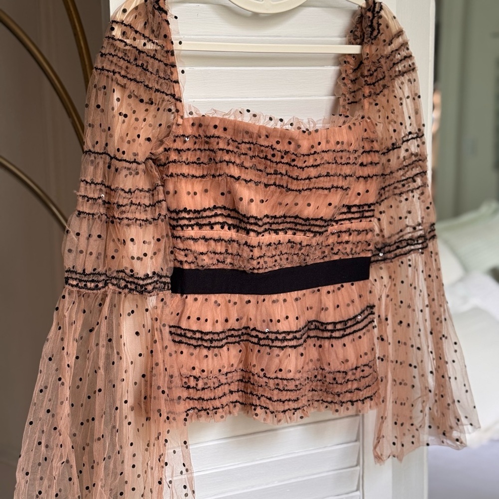 NWOT Self-Portrait Shirred Sheer Polka Dot Top in Tan / Nude & Black - 0 (XS) - Picture 7 of 10